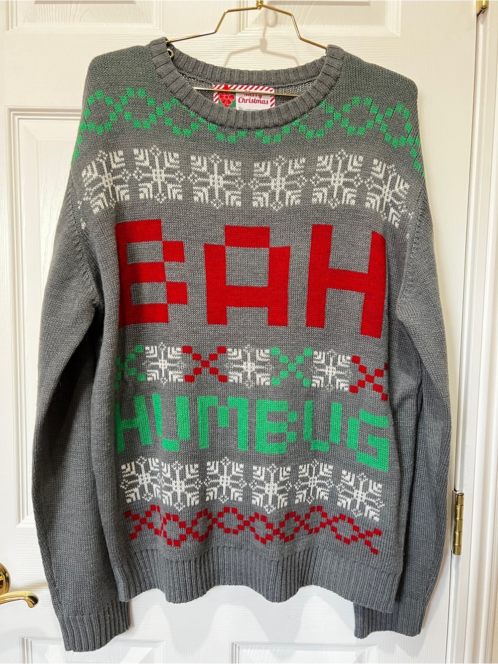 Ugly Holiday Christmas Sweater "BAH HUMBUG" Size XXL Gray Red Green Long Sleeve